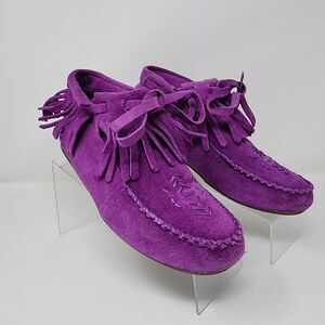 Lands End Mocassin Bootie Womens 6.5 Purple Clover Flower Fringe Flat Shoes